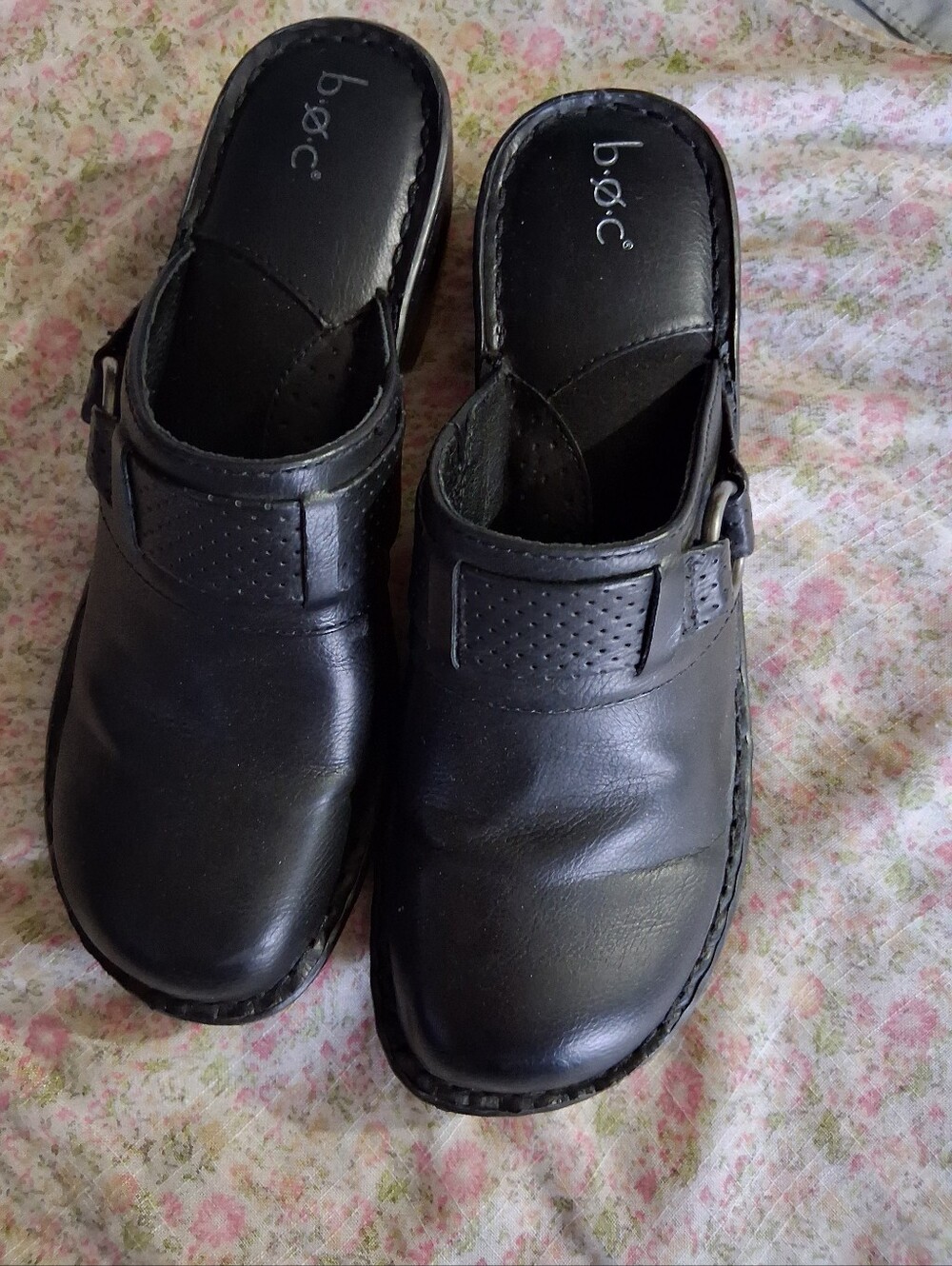 b.o.c. Black Leather Slip-On Clogs with Side Buckle